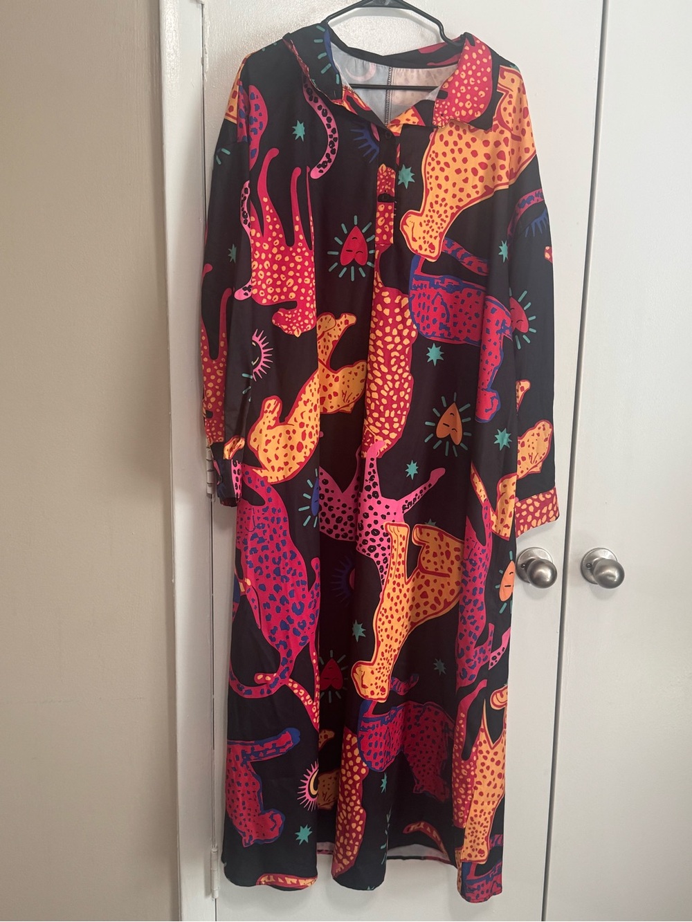 SHEIN Black Maxi Dress with Bright Pink and Orange Leopard Print